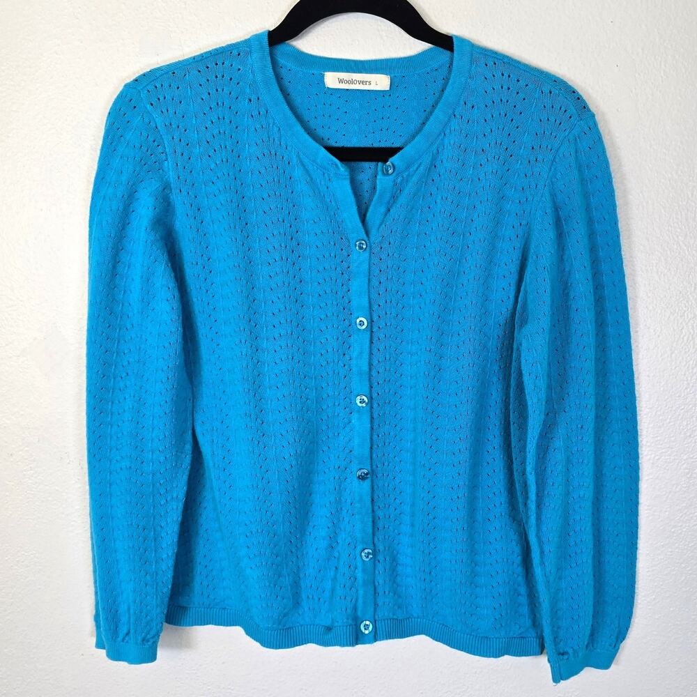 WoolOvers Cardigan Women's L Blue Pointelle Organic Cotton Cottagecore Classic